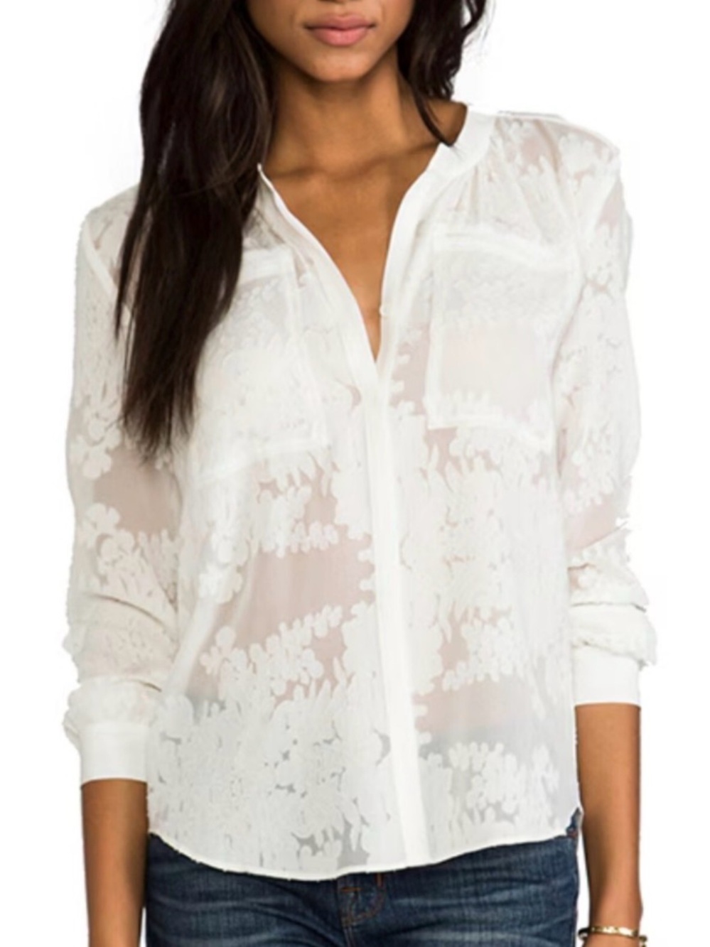 Rebecca Taylor White Burn Out Floral Long Sleeve Blouse Size 4